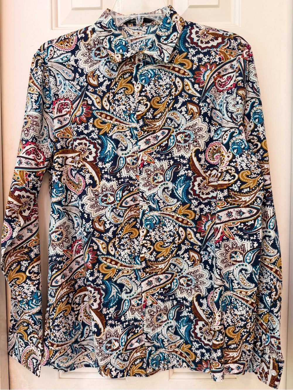 SSLR Shirt Mens Cotton Navy Paisley Print Button Up Long Sleeve, Sz M - Picture 9 of 14